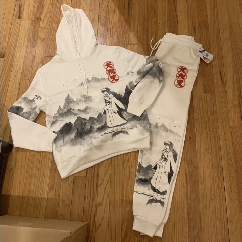 Men's Inuyasha Graphic Pullover Sweatshirt And Jogger Pants Set Off White S NWT